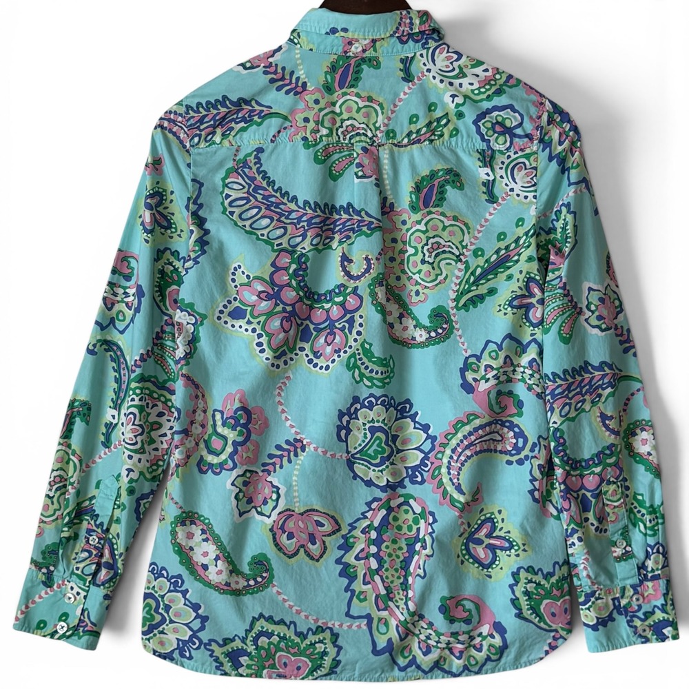 Talbots Button Up Blouse Shirt XS Teal Paisley Long Sleeve 100% Cotton Coastal - Picture 2 of 10